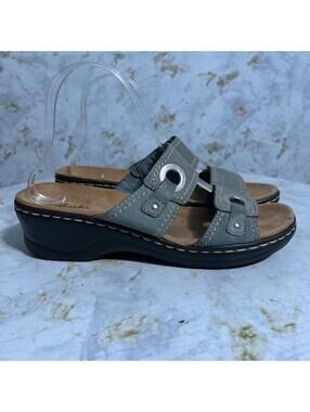 Clarks Bendables Womens Size 8.5M Shoes Blue Black Leather Comfort Wedge Sandals